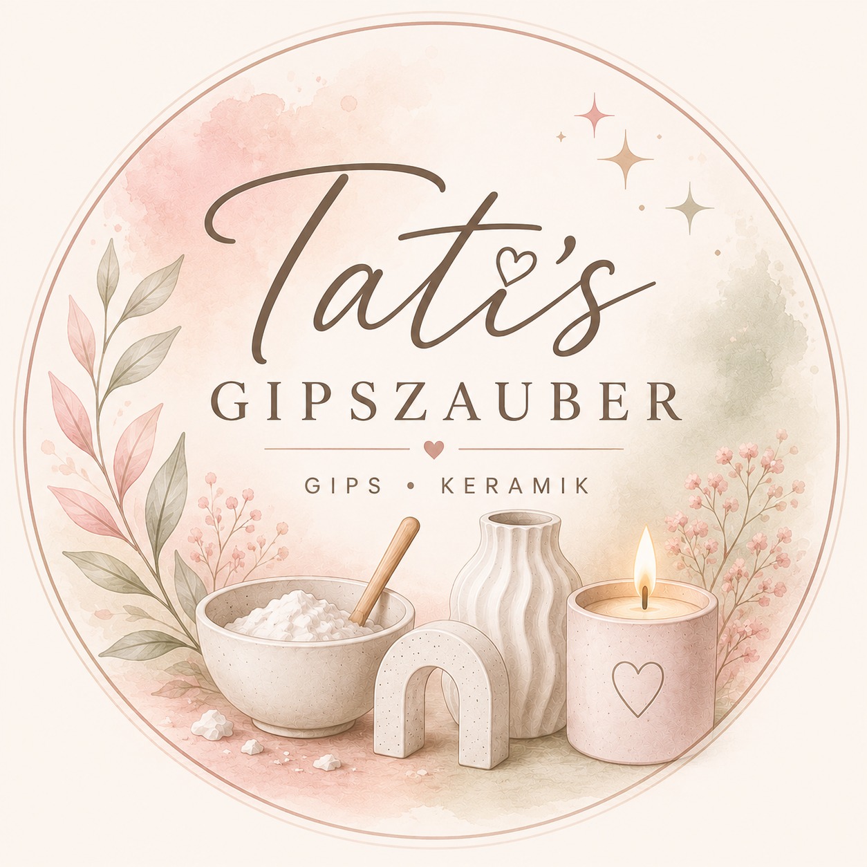 Tati's Gipszauber Logo mit Gips, Keramik und Kerze